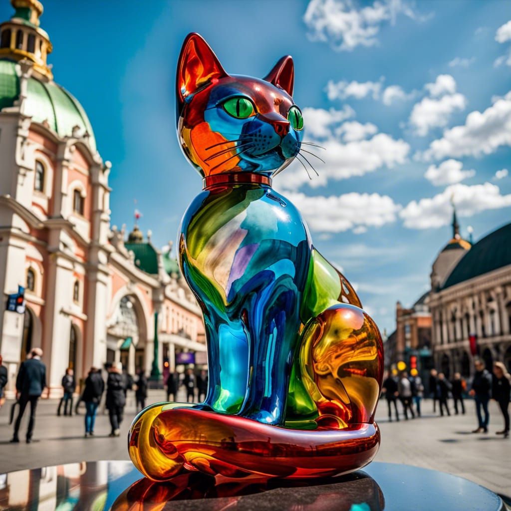 Glass Cat Statue in City Square, Watercolor Style