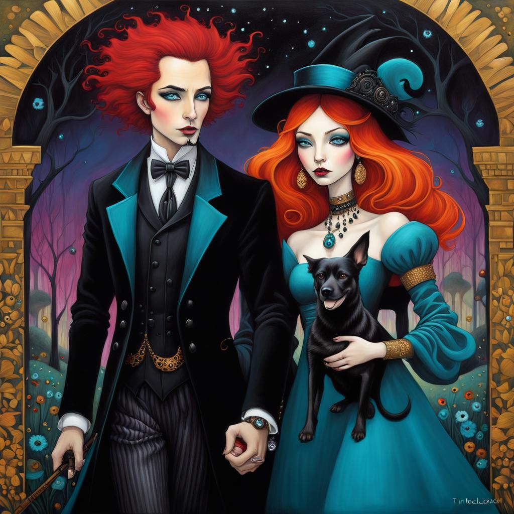 Whimsical Gothic Couple Walking Dogs in Park