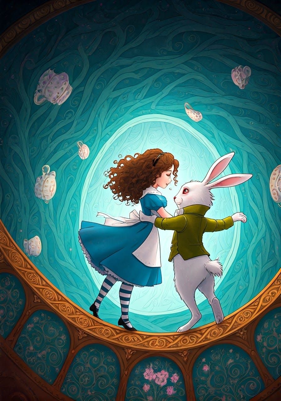 Whimsical Blue Dress Waltz in a Fantastical Dreamlike Scene