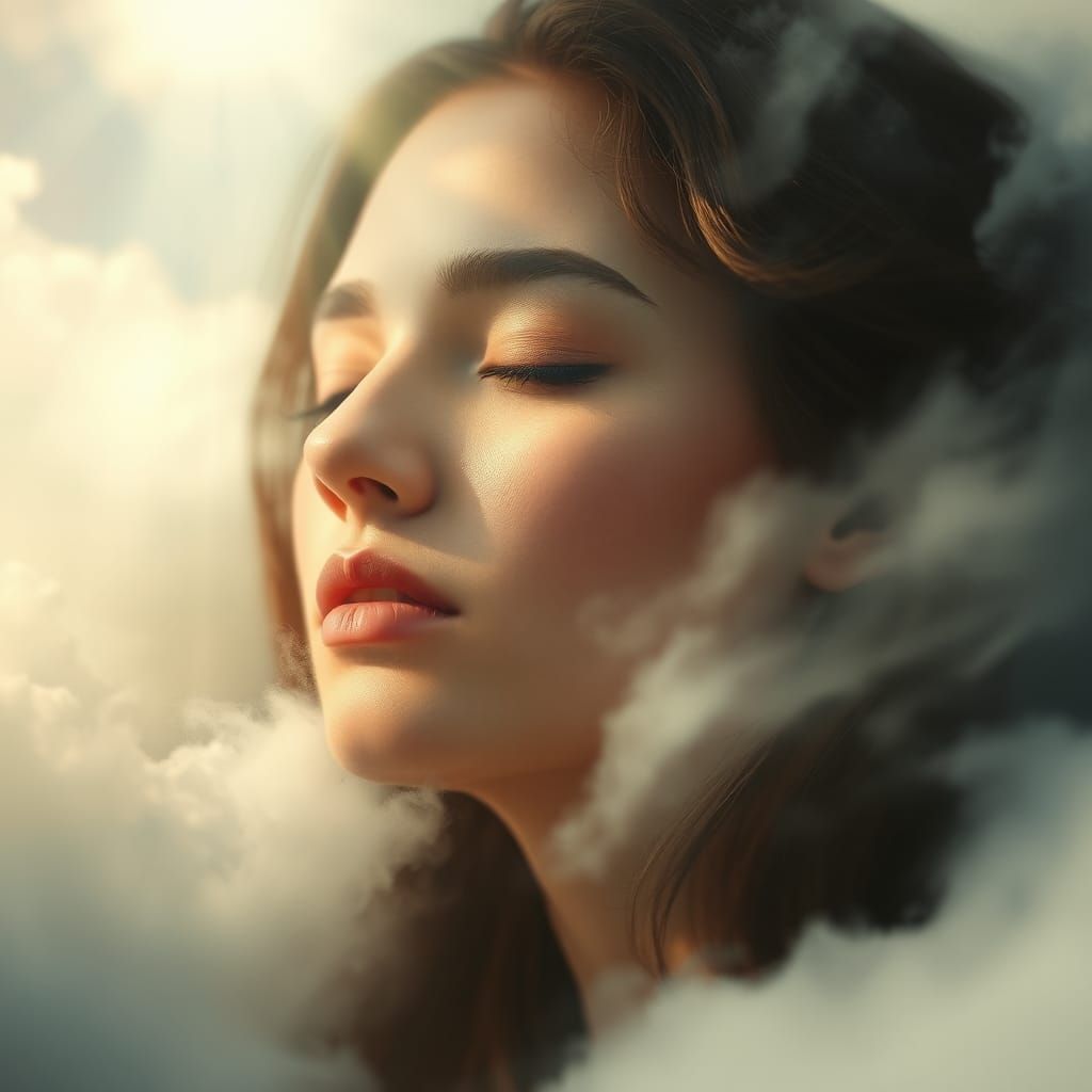 Serene Woman in Clouds: A Romantic Portrait
