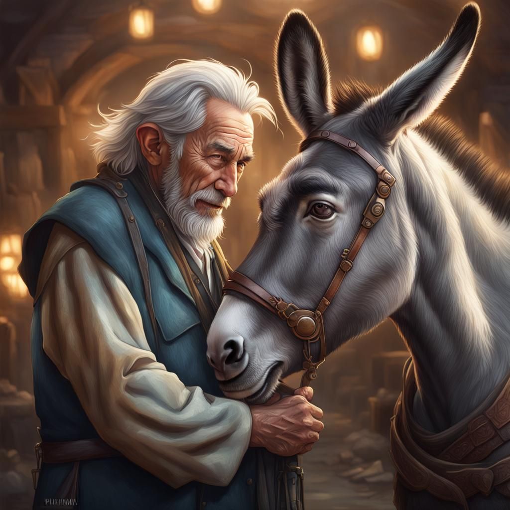 Man and Donkey Portrait in Detailed Concept Art Style