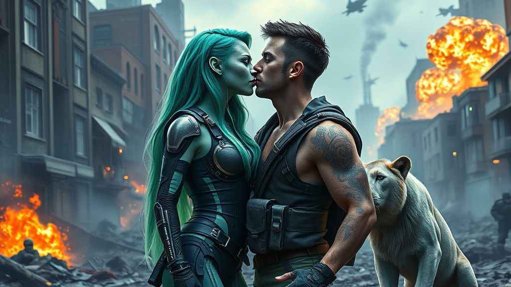 Sci-Fi Embrace: Alien Warrior Woman and Human Soldier