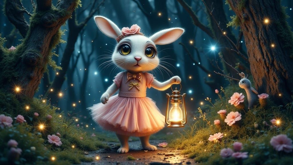 Whimsical Rabbit in Enchanted Forest with Twinkling Lights a...