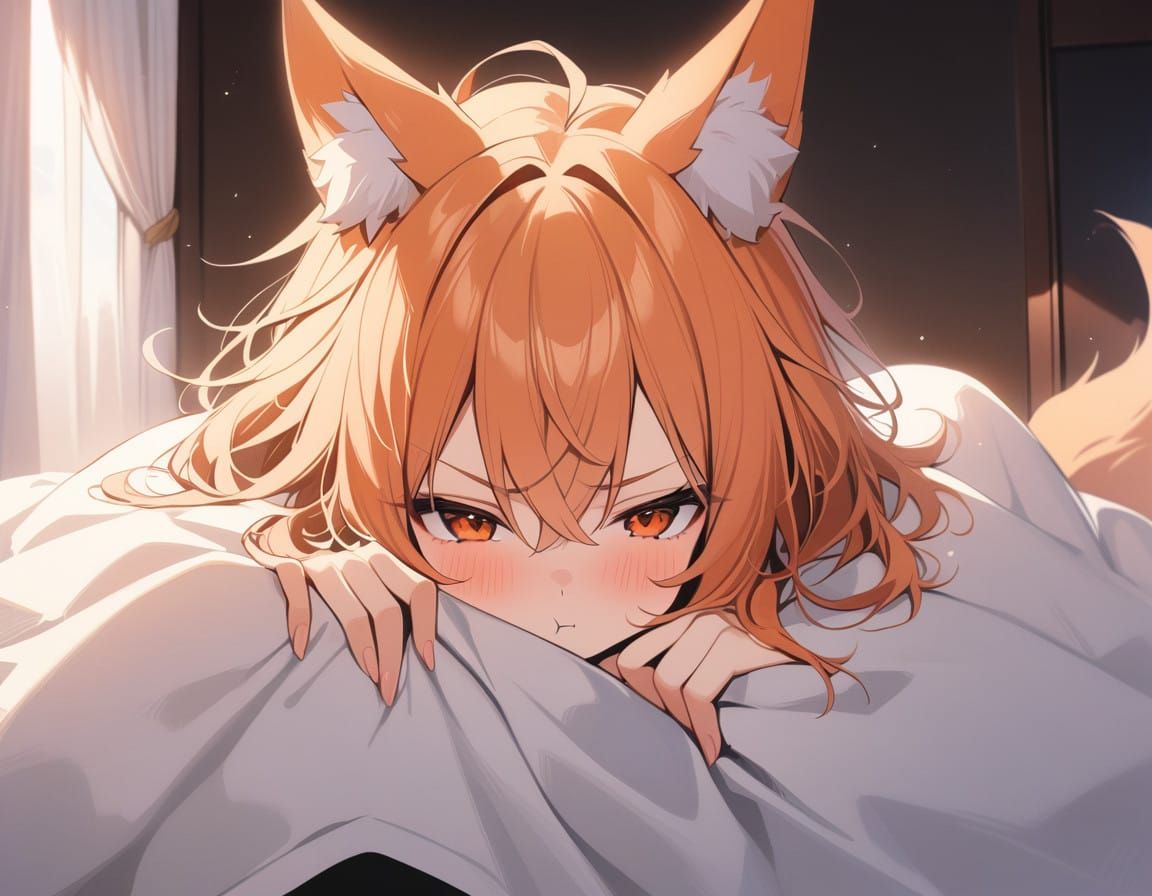 Girl in Cozy Dark Room with Fox Ears and Tail