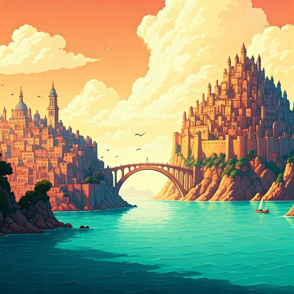 Fantasy Cities United by Bridge in Pixel Art Style
