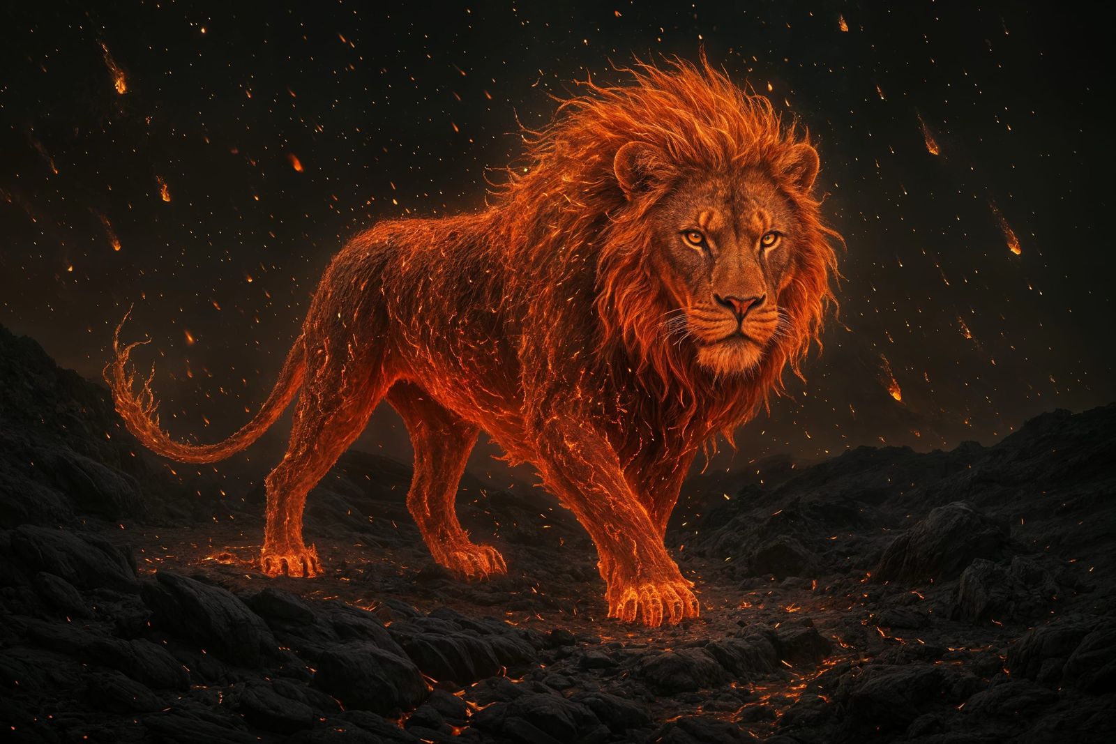Fiery Lion Digital Art on Volcanic Landscape