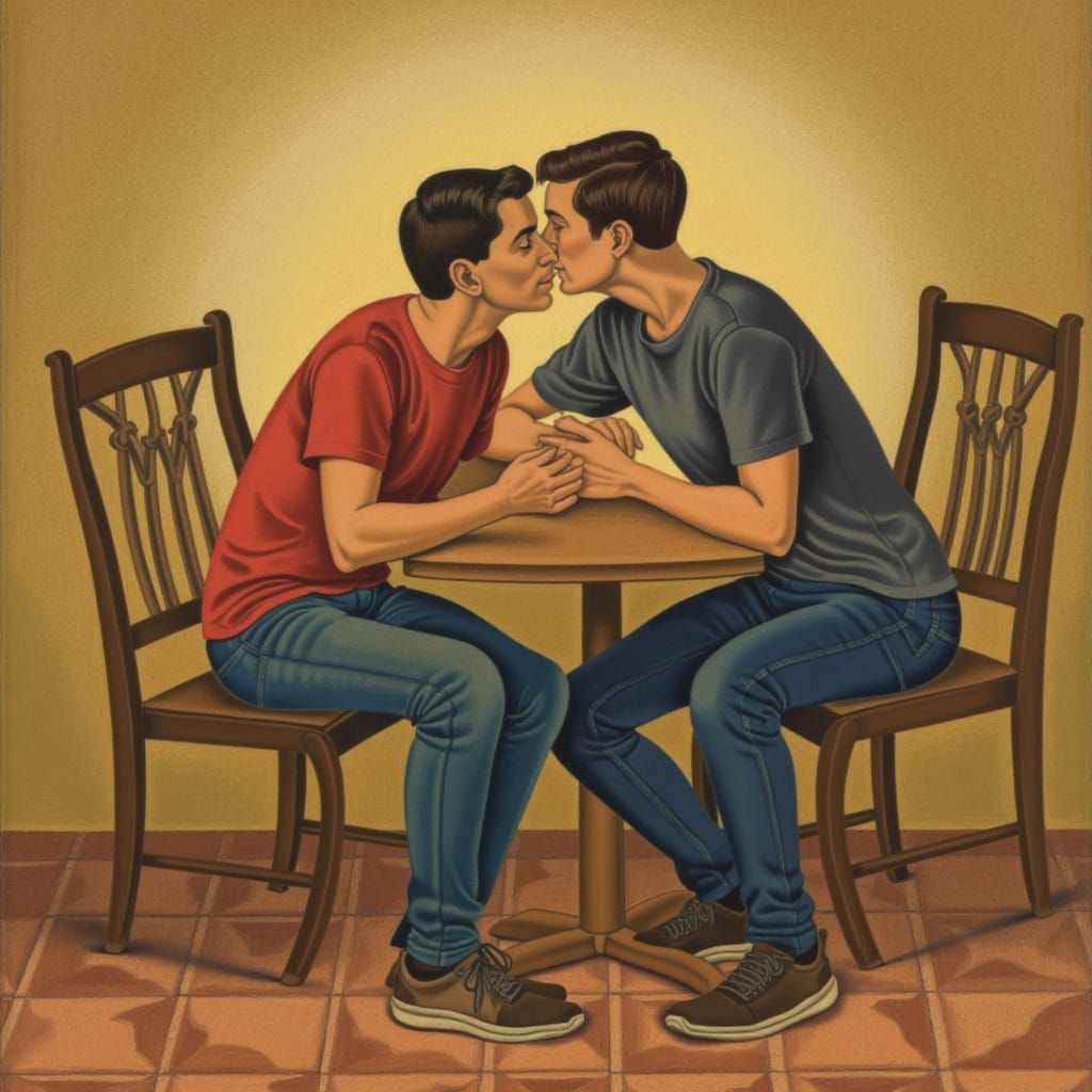 Men Embrace in Warm, Impressionistic Morning Light