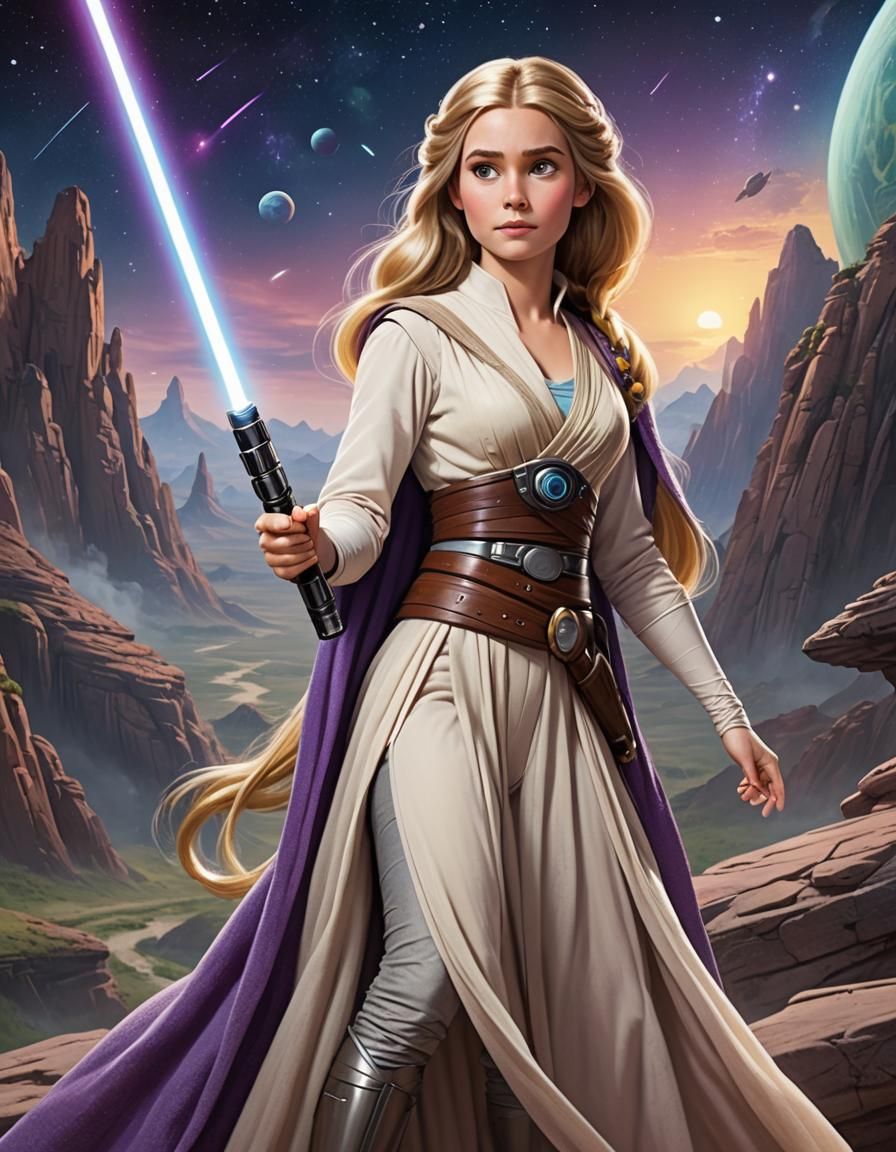 Princess Rapunzel dressed as a Jedi wielding a lightsaber, a...