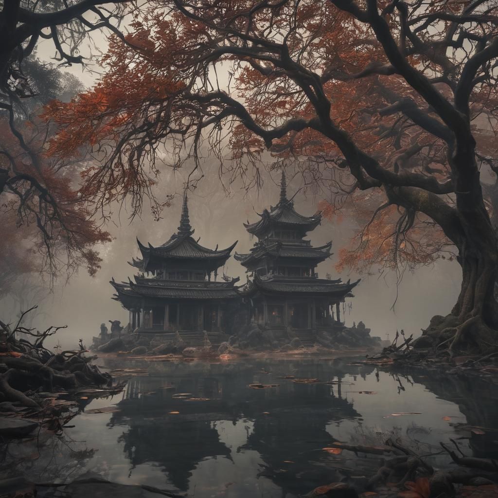 Mystical Temple in Murkwood: Dark Fantasy Matte Painting