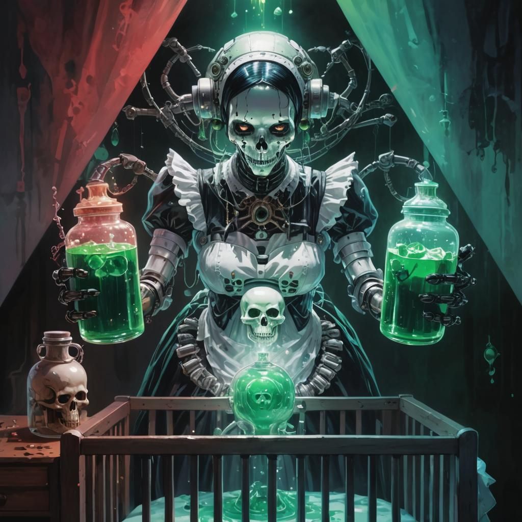 Sinister Maid Robot with Cybernetics in Photorealistic Style