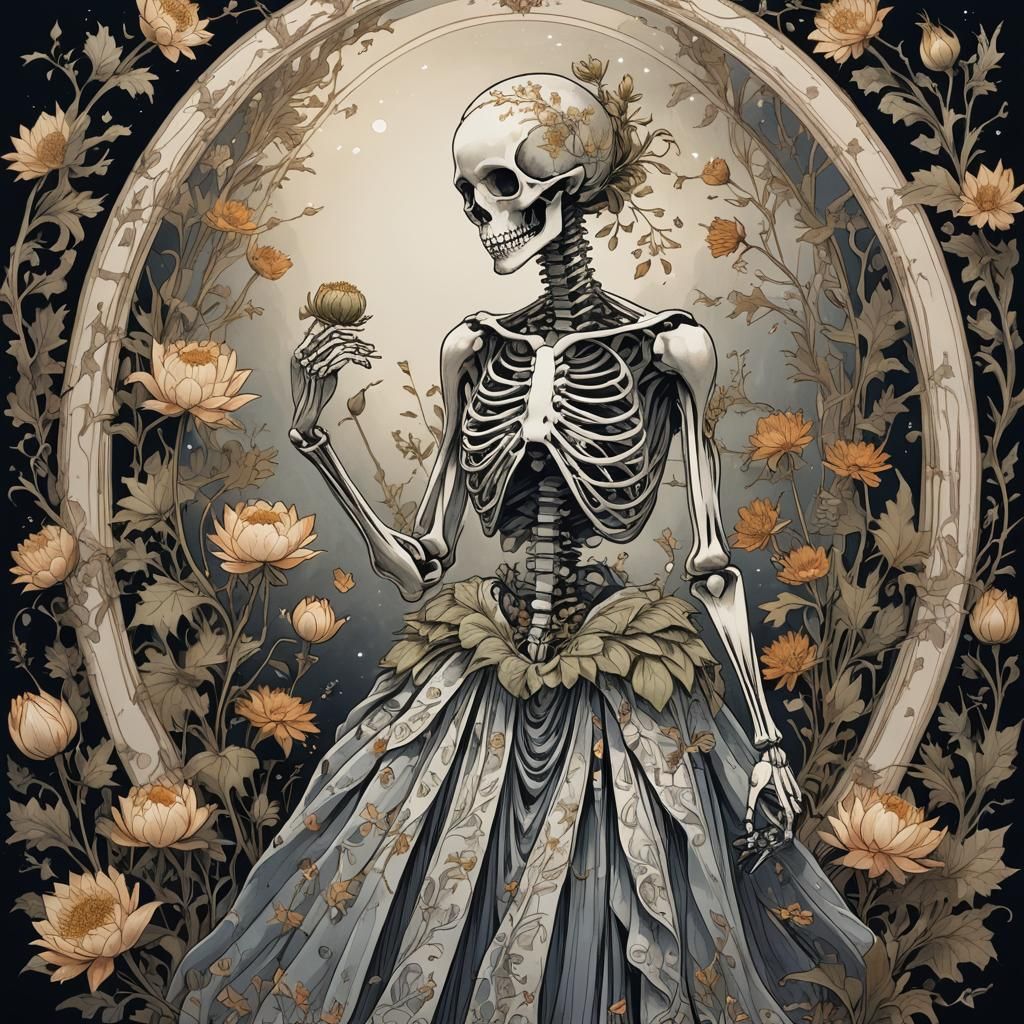Skeletal Figure in Floral Gown, Dark Fantasy Art