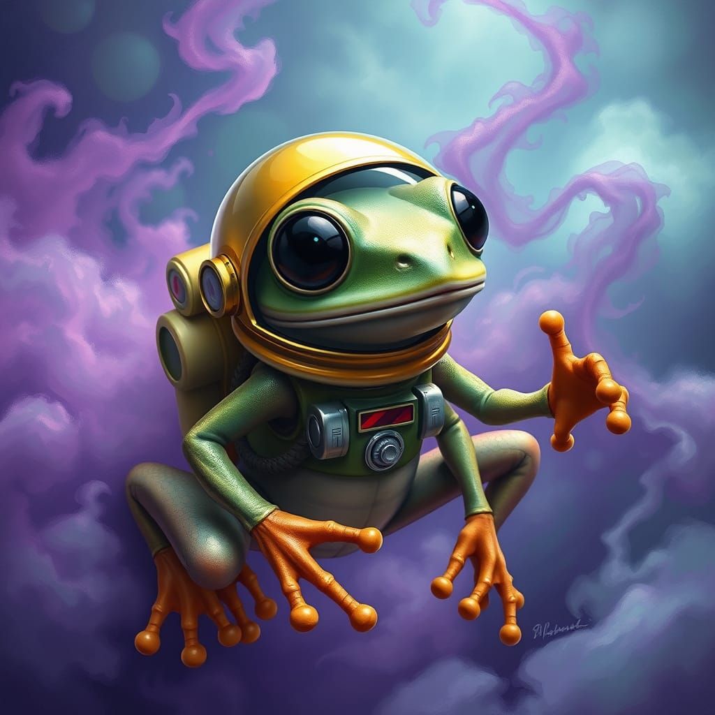 Surreal Astronaut Alien Frog in Vibrant Dreamlike Environmen...