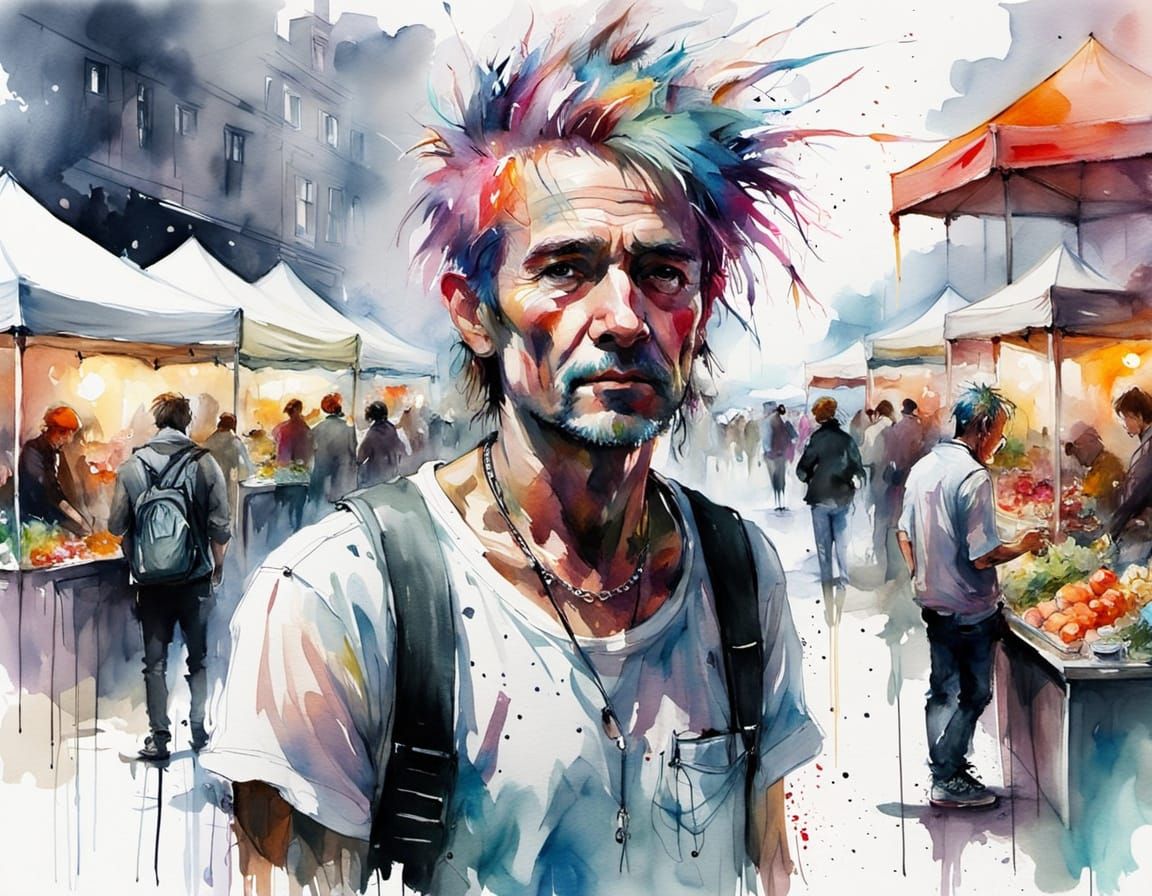 Punk Rocker at Farmers Market in Watercolour Style