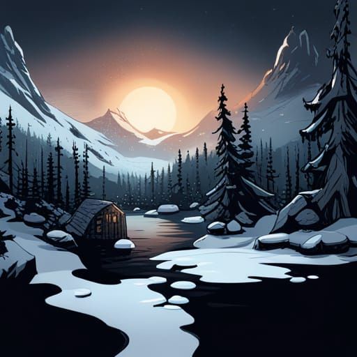 Gothic Viking Village Under Winter Sun: Comic Book Art