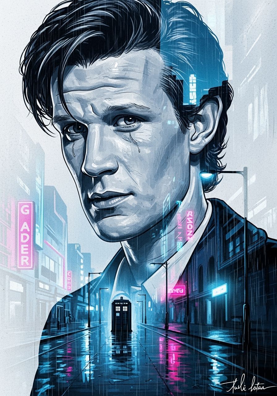 Melancholic Portrait Blended with Neon Cityscape as Graphic ...