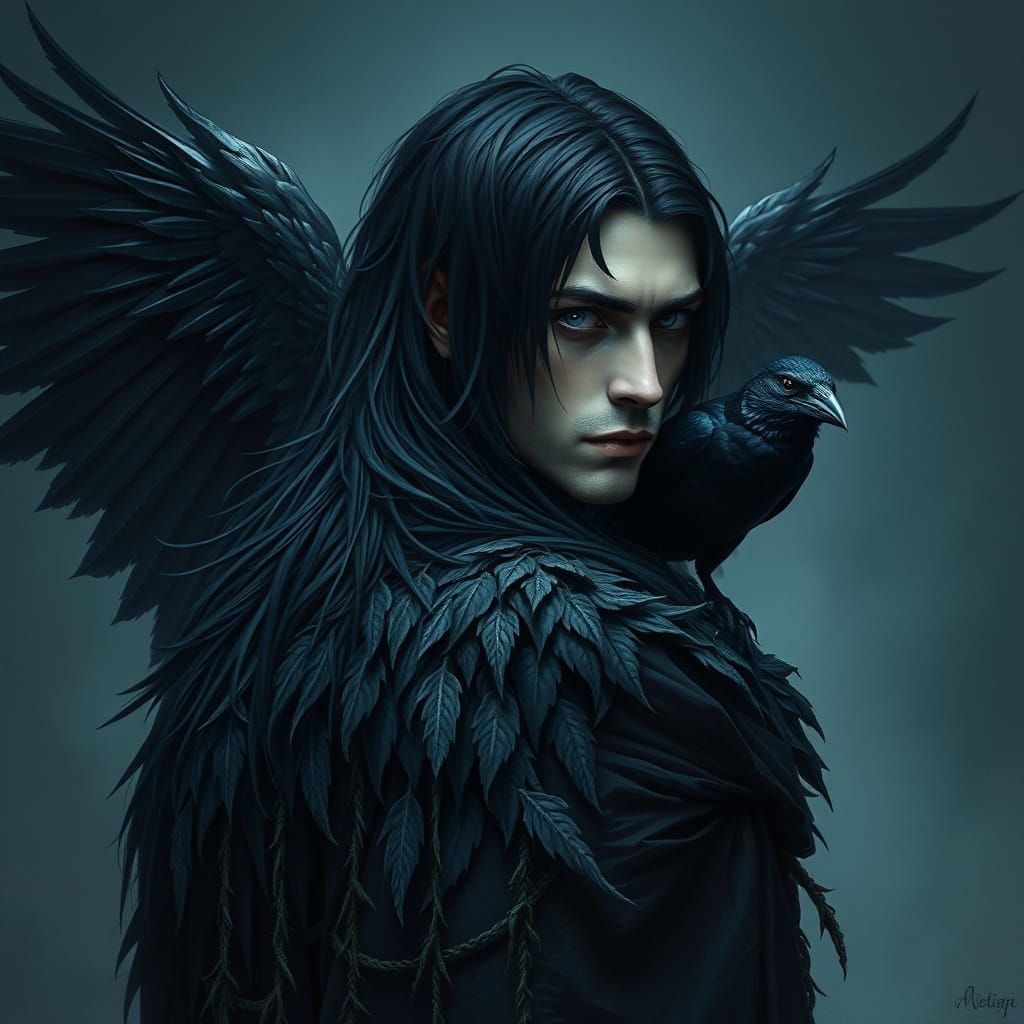 Mystical Figure with Crow Wings and Piercing Eyes