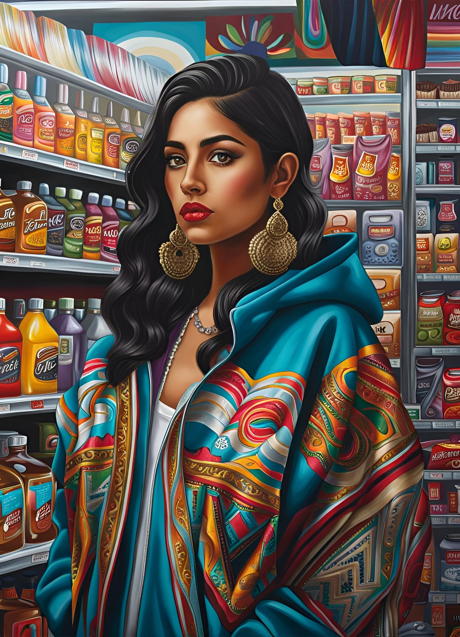 Stylish Mexican Girl in Convenience Store, Digital Painting