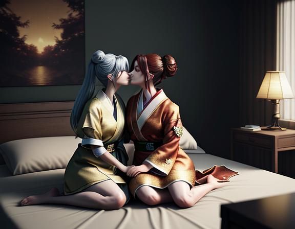 Two Kitsune Kissing in Manga Style 3D Rendering