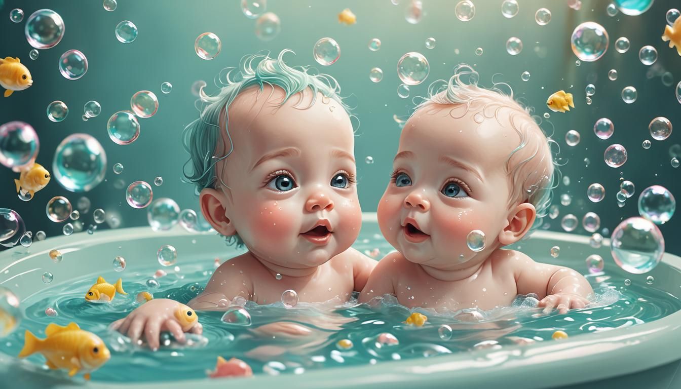 Baby Bathing with Bubbles: Whimsical Digital Art