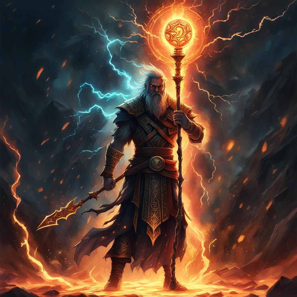 Dark Fantasy Staff with Magic Stone and Runes