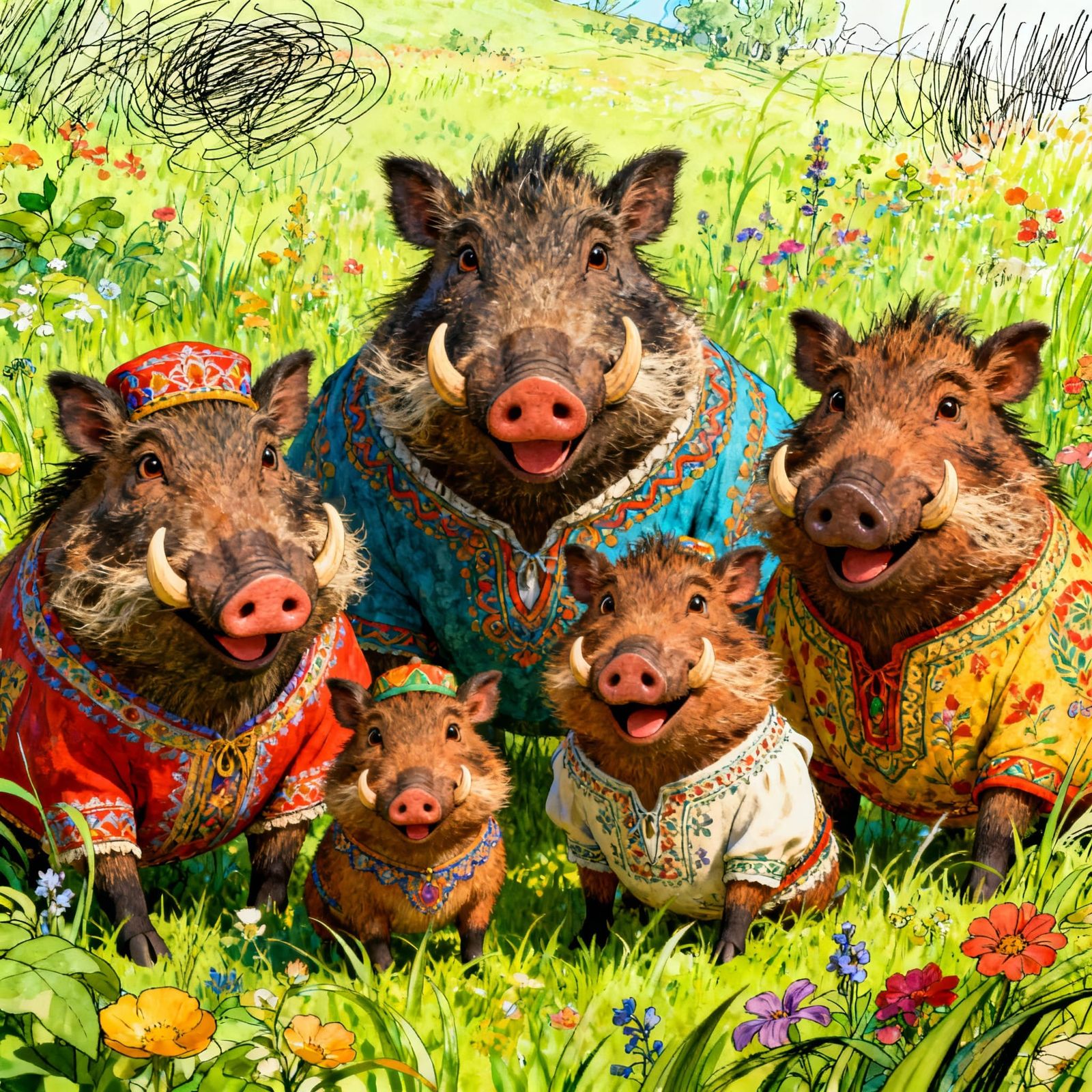 Whimsical Bushpig Family in Vibrant Meadow
