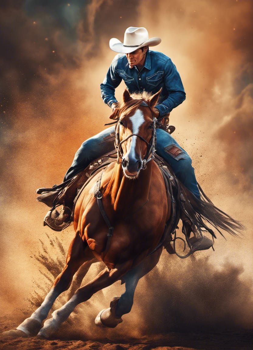 Barrel Racing Cowboy in Hyperrealistic Splash Art
