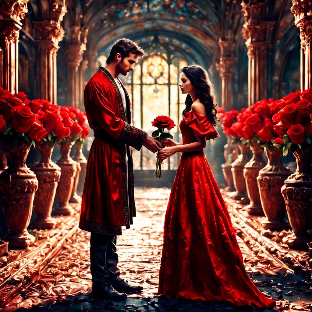 Fantasy Art: Man in Red Robe Offers Rose