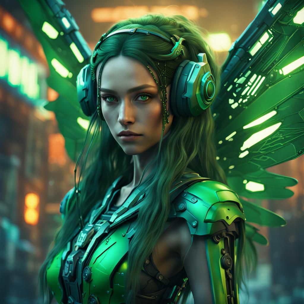 Cyberpunk Fairy with Robotic Wings, Detailed Digital Art