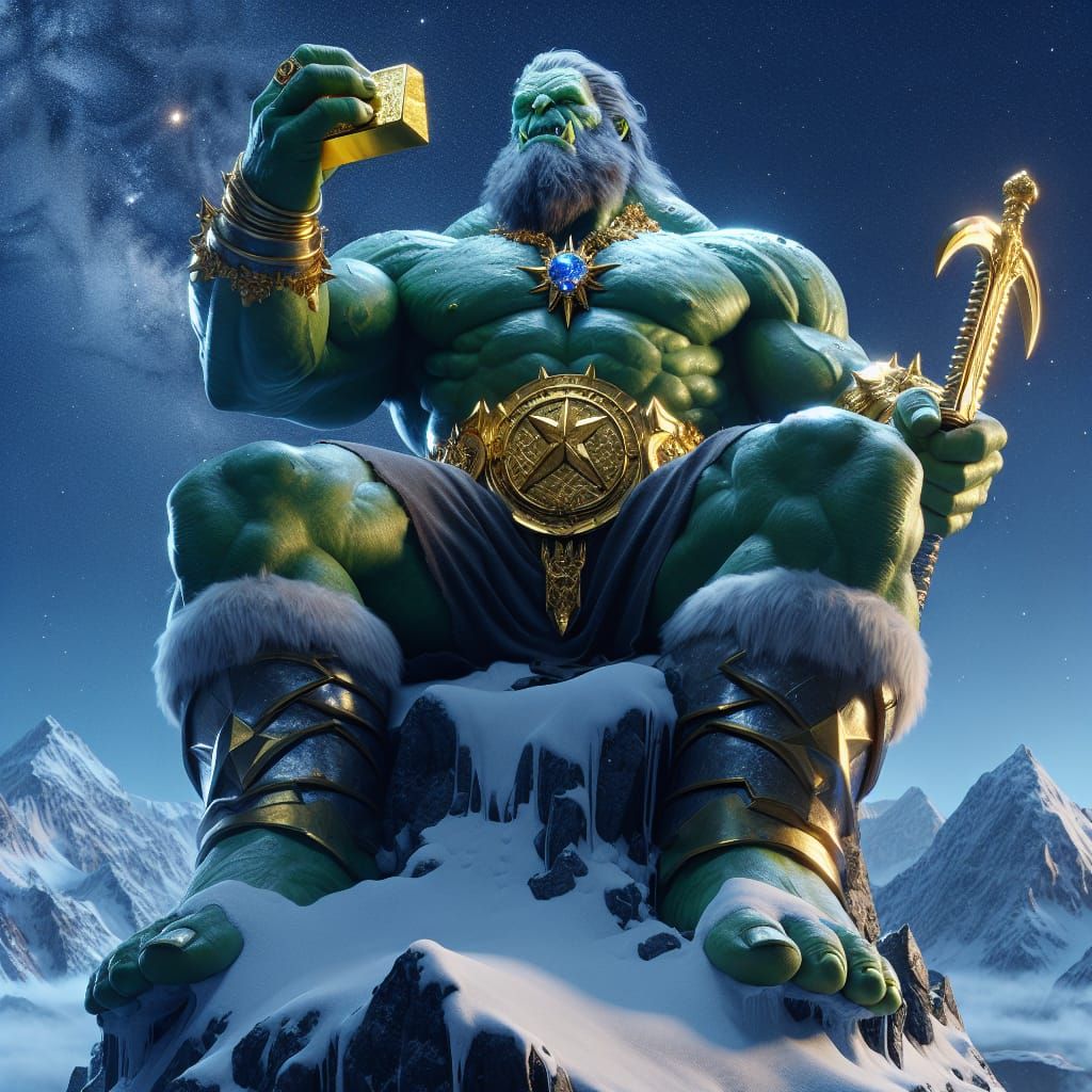 Draconic Man on Snowy Peak with Gold