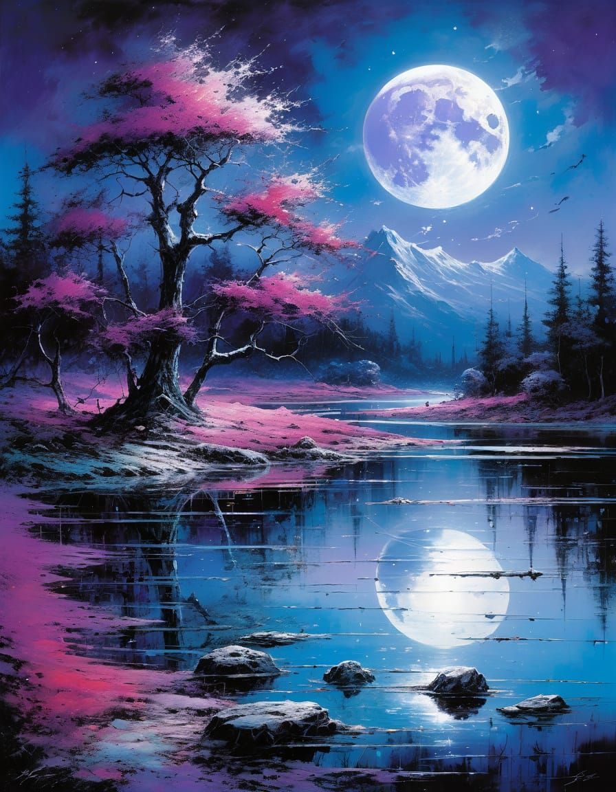 Moonlit Lake in Purple, Pink & Blue Abstract Art