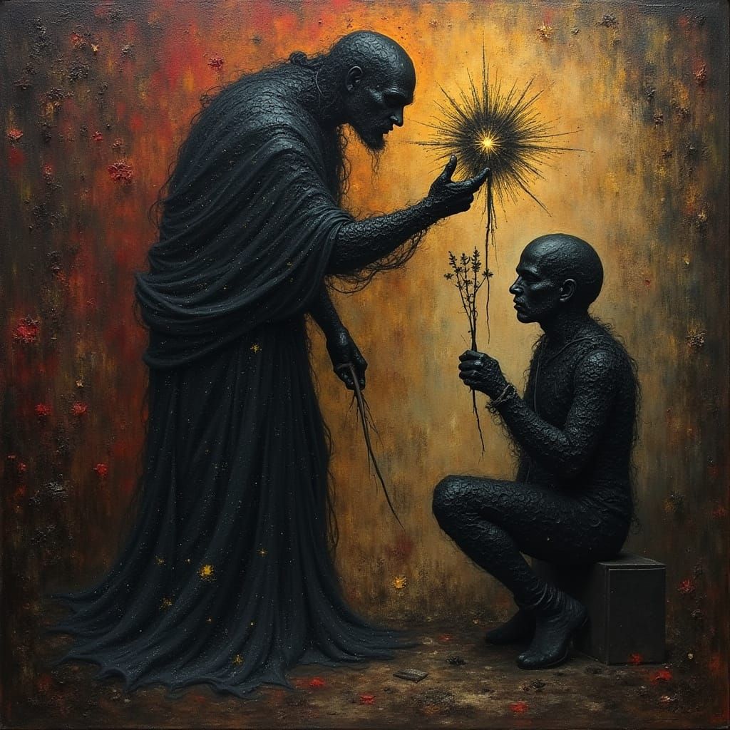 Esoteric Allegory in Pointillist Oil Painting