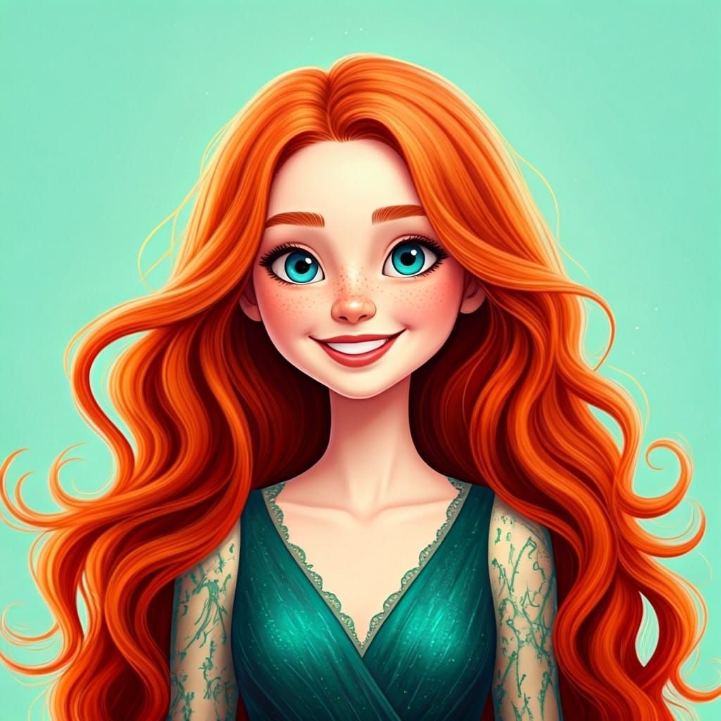 Radiant Girl in Green Gown: Whimsical Digital Art