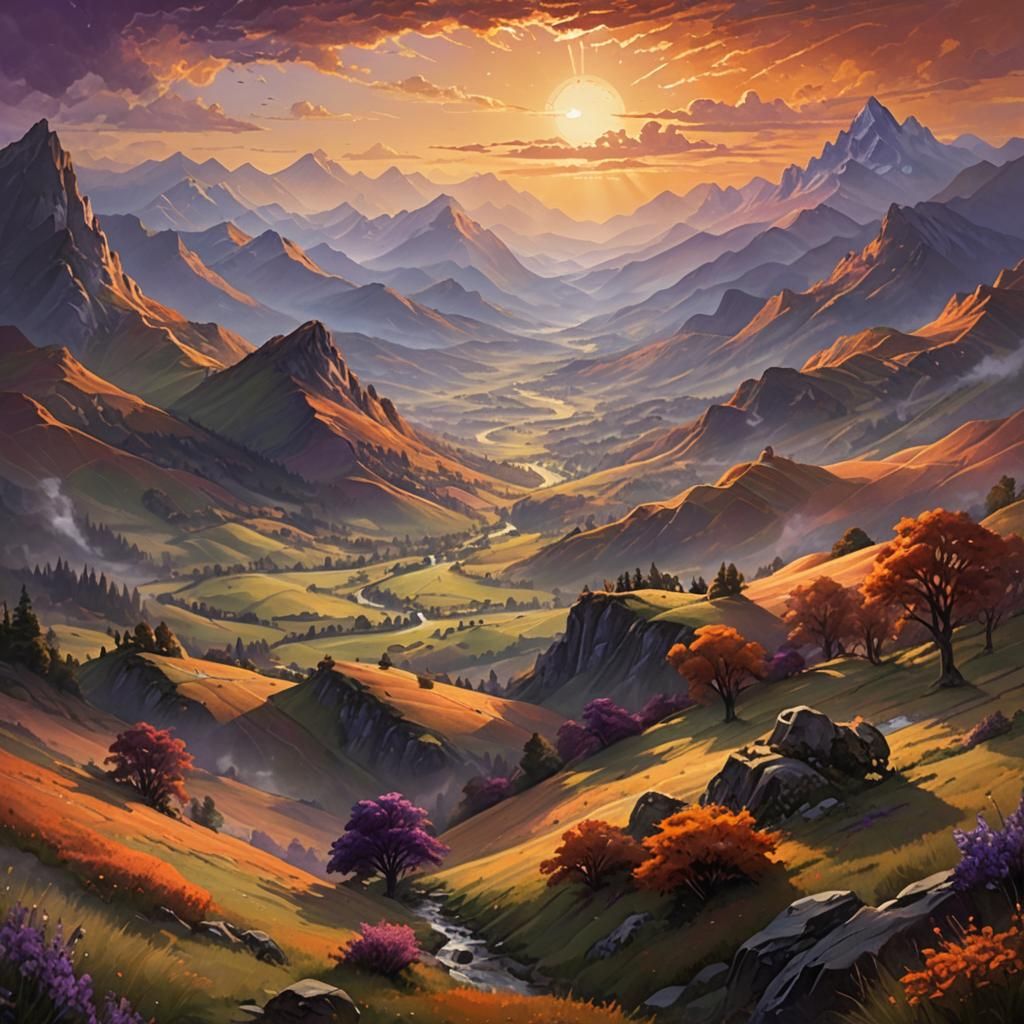 Valley Sunset Oil Painting in Kinkade Style