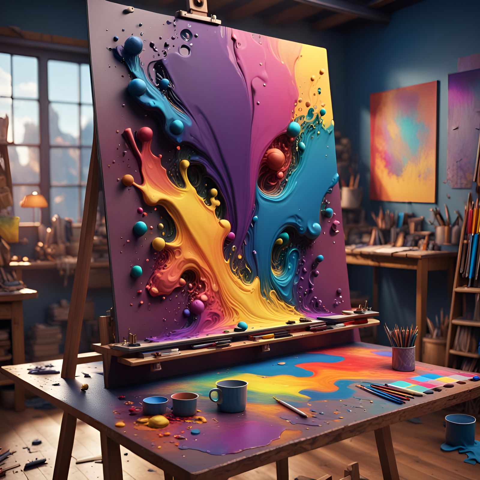 Colorful Art Studio with Paint Splatter, Fantasy Concept Art
