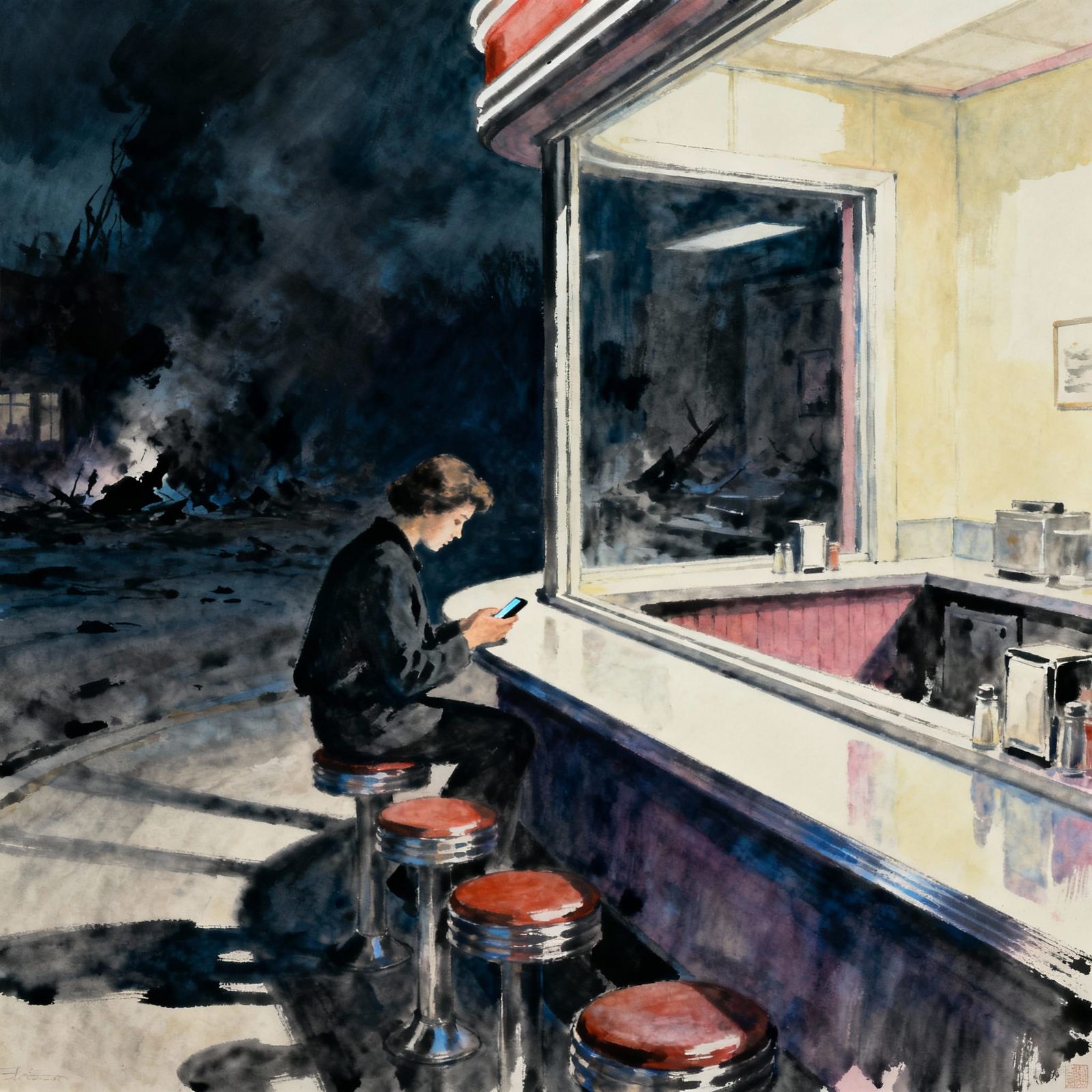 Diner Scene of Isolation in Moody Edward Hopper Style