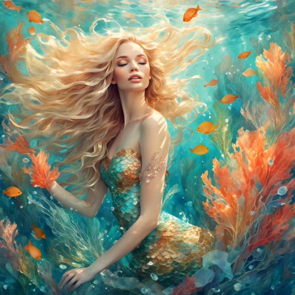 Blonde Mermaid in Coral Reef: Watercolor Art
