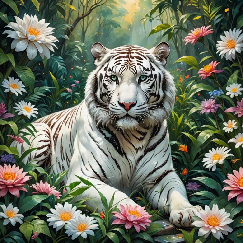 Majestic White Tigers in Fantasy Landscape, Oil Painting