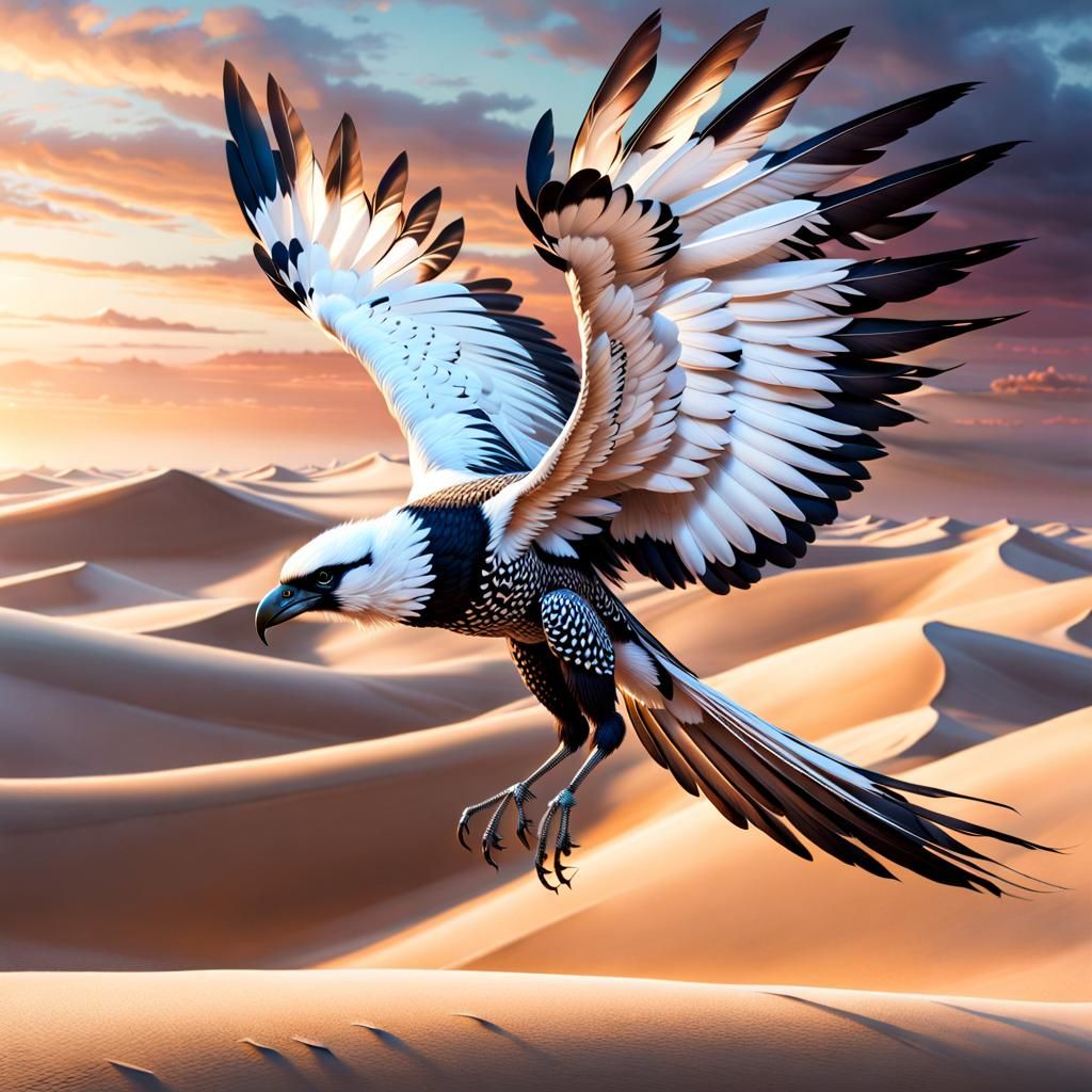 Majestic Lunar Bird Flying Over Desert, Fantasy Art