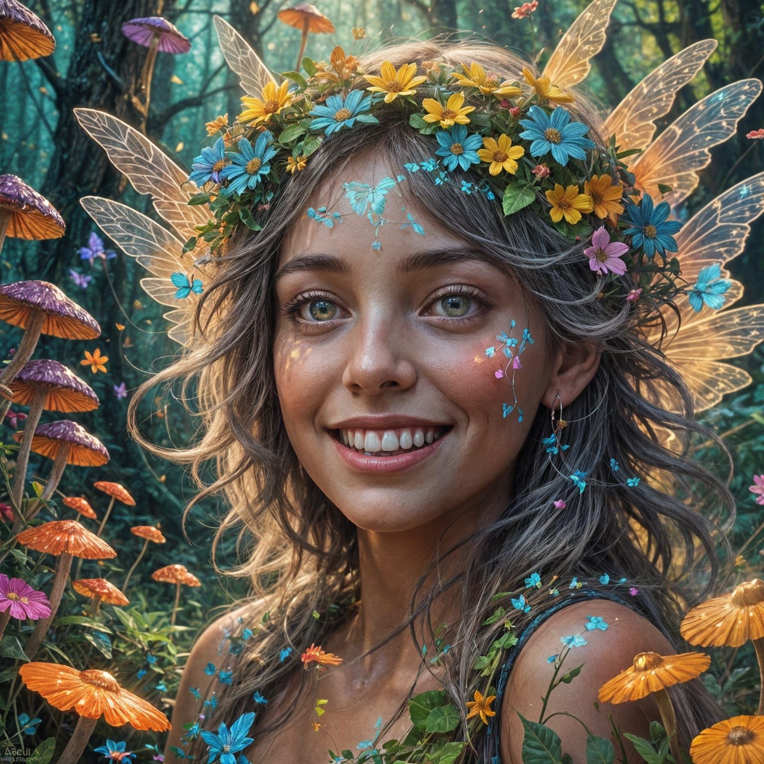 Psychedelic Fairy in Dreamy Forest, Digital Art