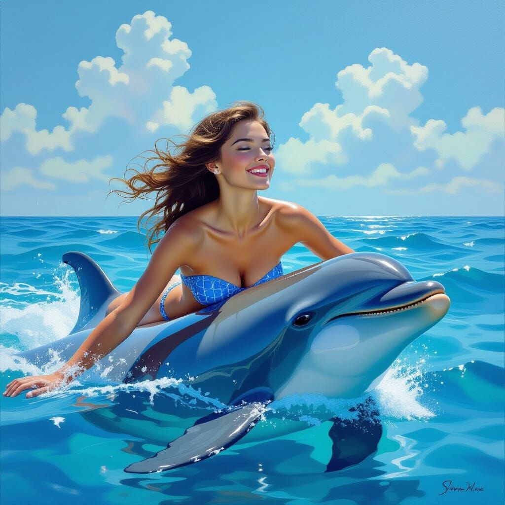 Woman Rides Dolphin: Detailed Oil Painting in Surreal Style