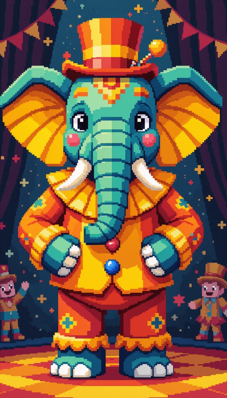 Pixelated Circus Elephant Costume with Clowns