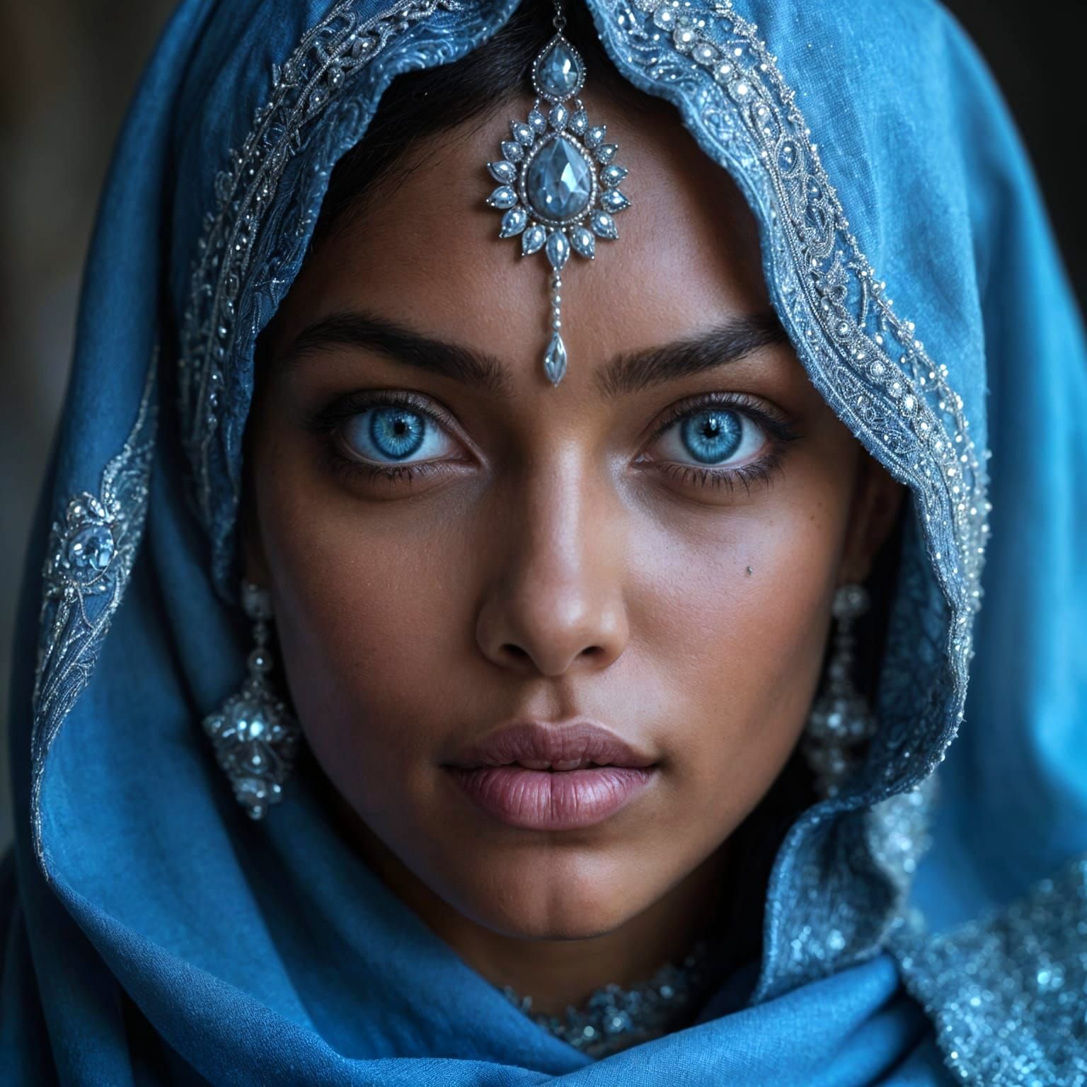 Glowing Blue Eyes Portrait with Silver Jewelry