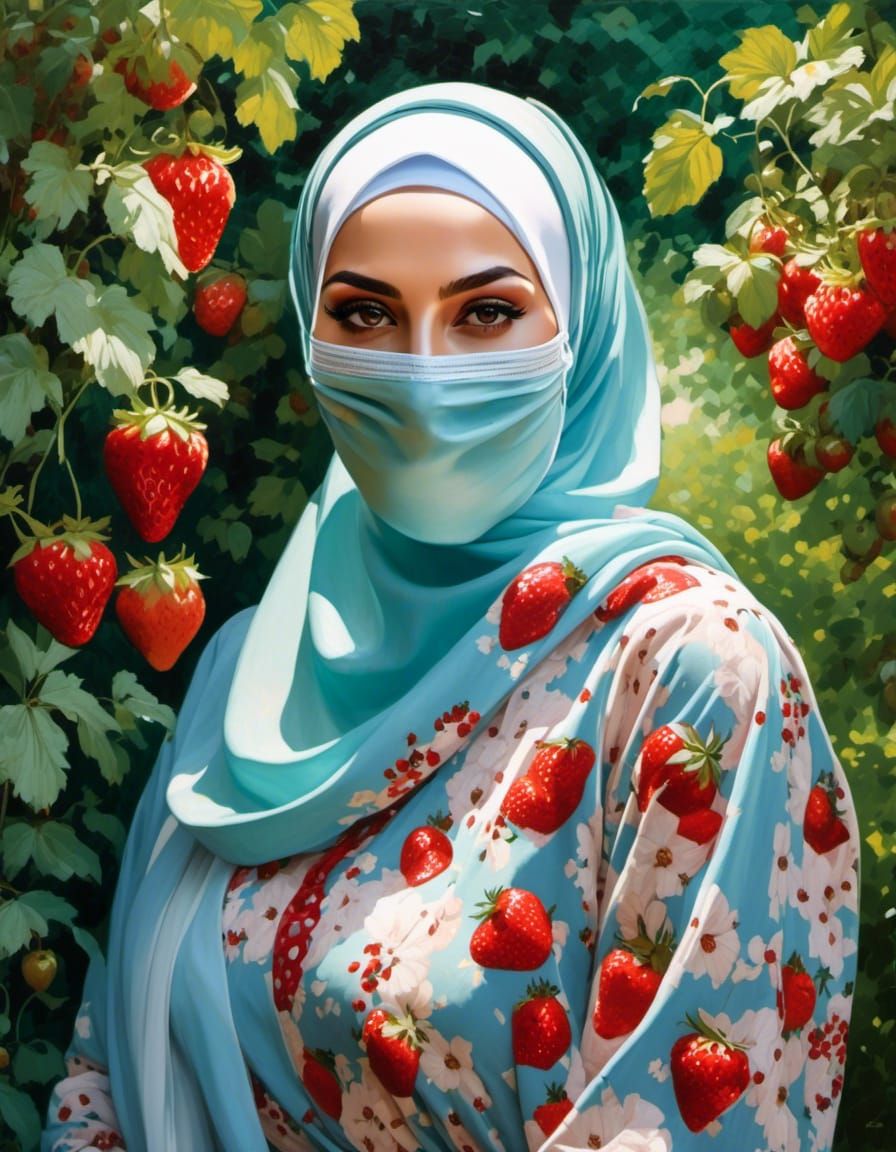 Beautiful Woman in Hijab and Mask in Summer Garden