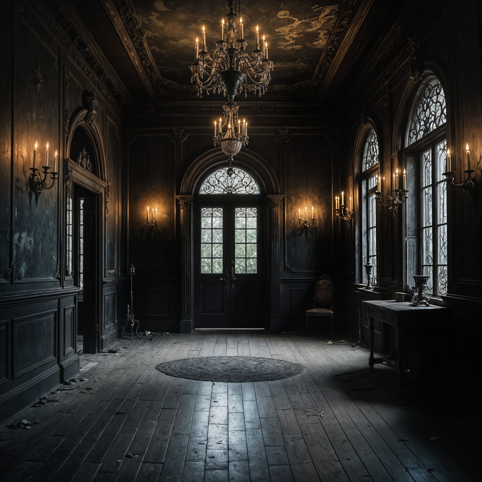 Creepy Gothic Hall Entrance in Abandoned Mansion