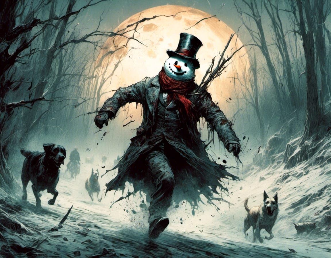 <lora:Macabre:1.0> A snowman running away from the sun.