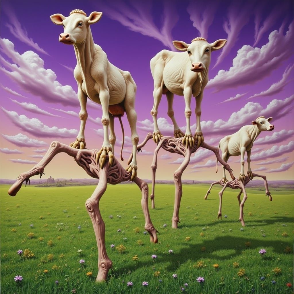 Cows on Stilts in a Surreal Landscape