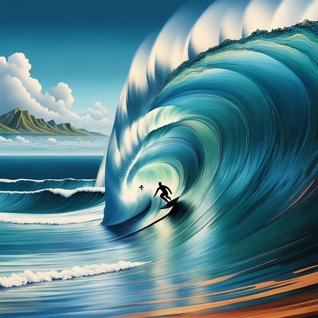 Surreal Cubist Dreamscape: Surfing Pipeline in Hawaii