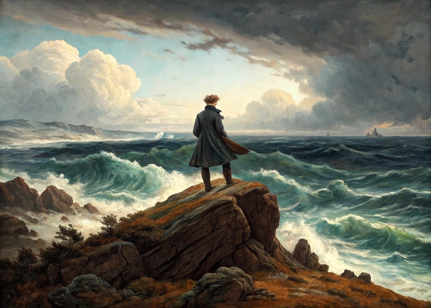 Dramatic Landscape with Windswept Figure in Vibrant Colors