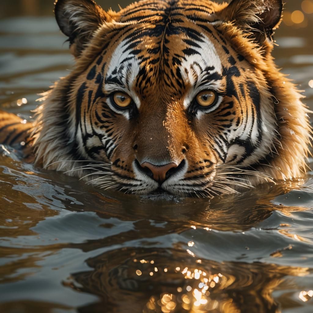 Tiger Eye Gleaming in Water: Cinematic Still