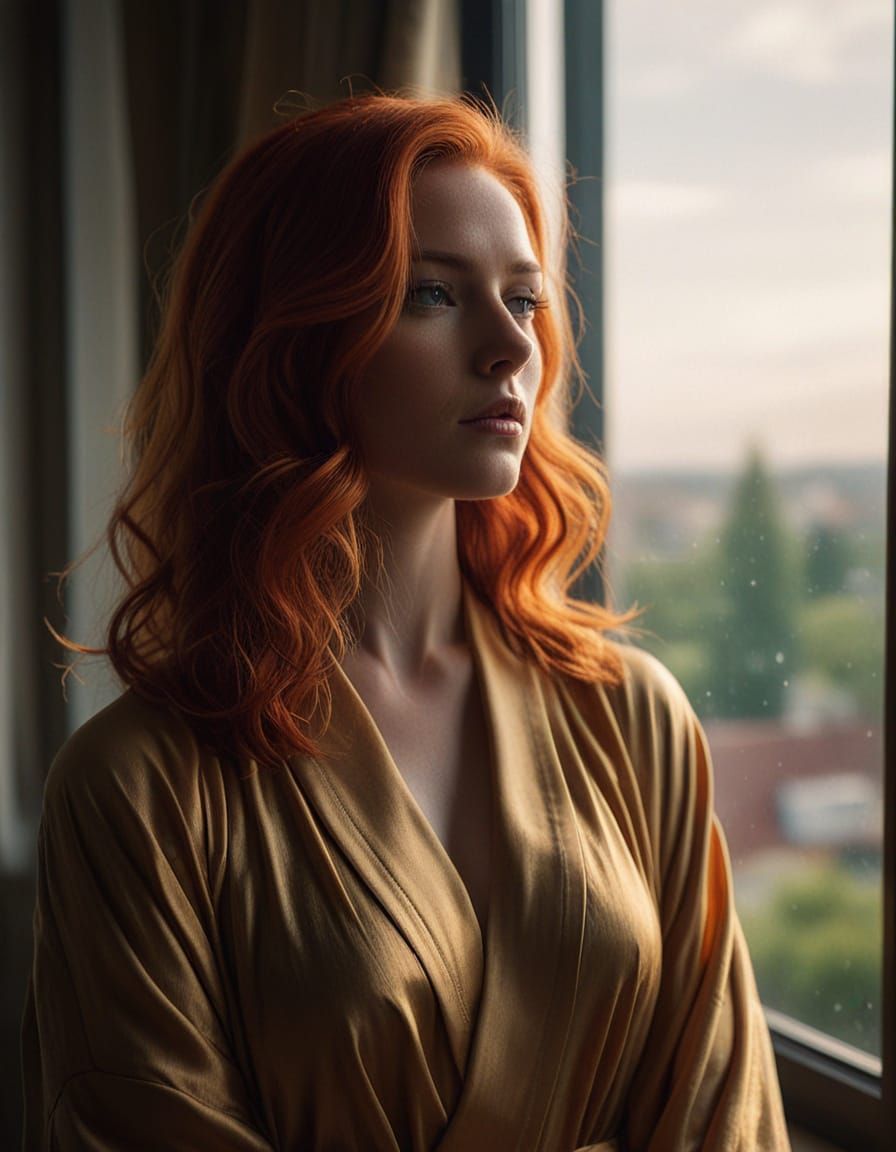 Red-Haired Woman in Silk Robe at Window